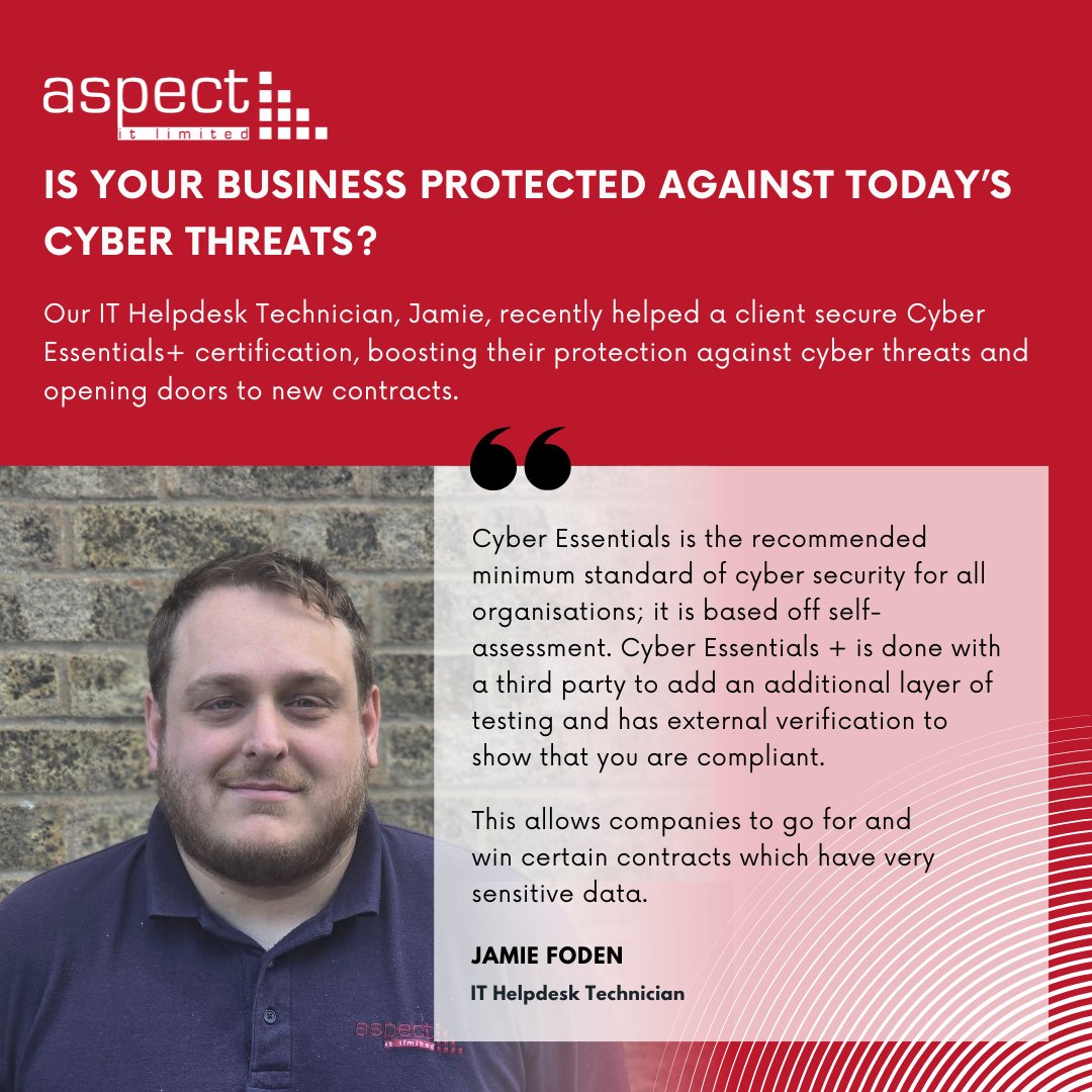 AspectIT's tweet image. Cyber threats are evolving, is your business protected? 🔒

Our tech Jamie helped a client achieve Cyber Essentials+, boosting security &amp;amp; unlocking new contracts.

👉 Protect your business today: loom.ly/bXP4N60 

#CyberSecurity #CyberEssentials #ITSupport
