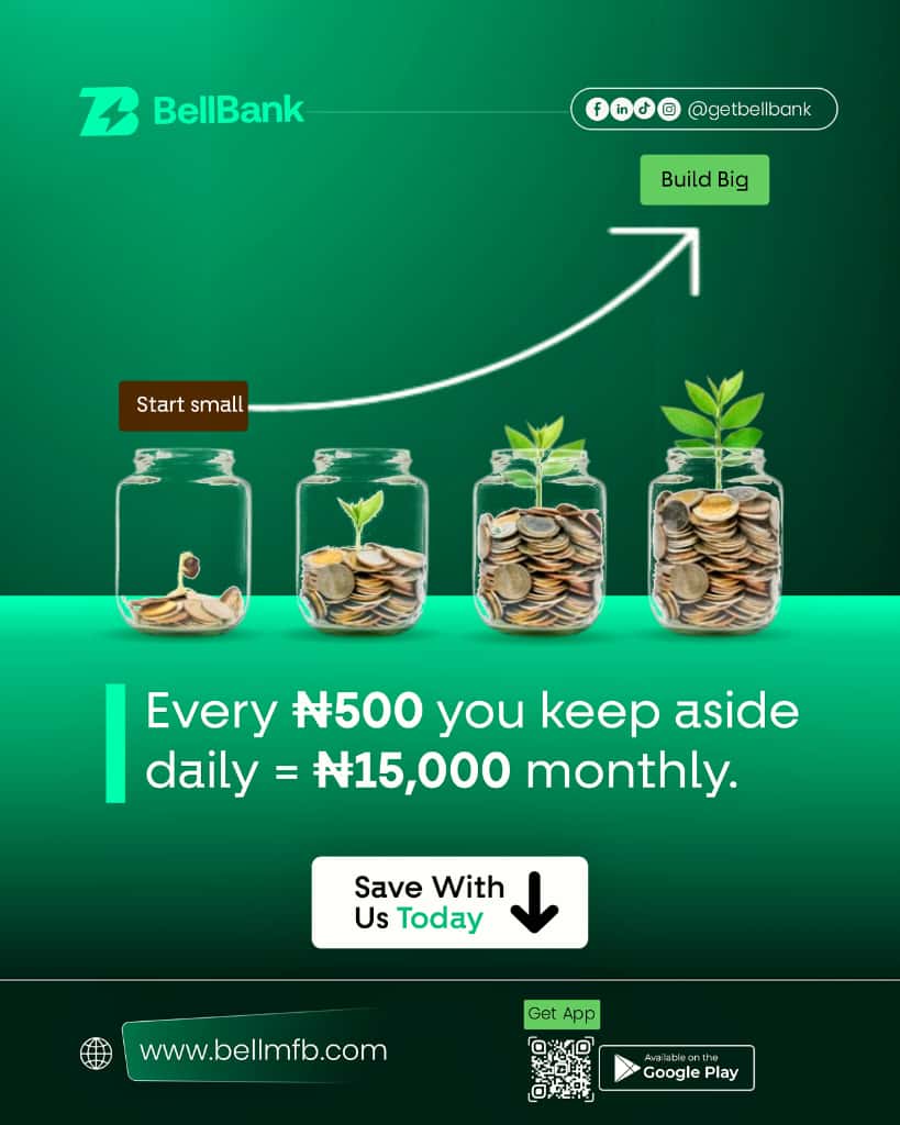 Saving ₦500 daily might look small — but that’s ₦15,000 in just one month. 
Start today, keep something aside, and thank yourself later. 💚
#BellBank #SaveSmart #FinancialGoals #GrowWithBellBank