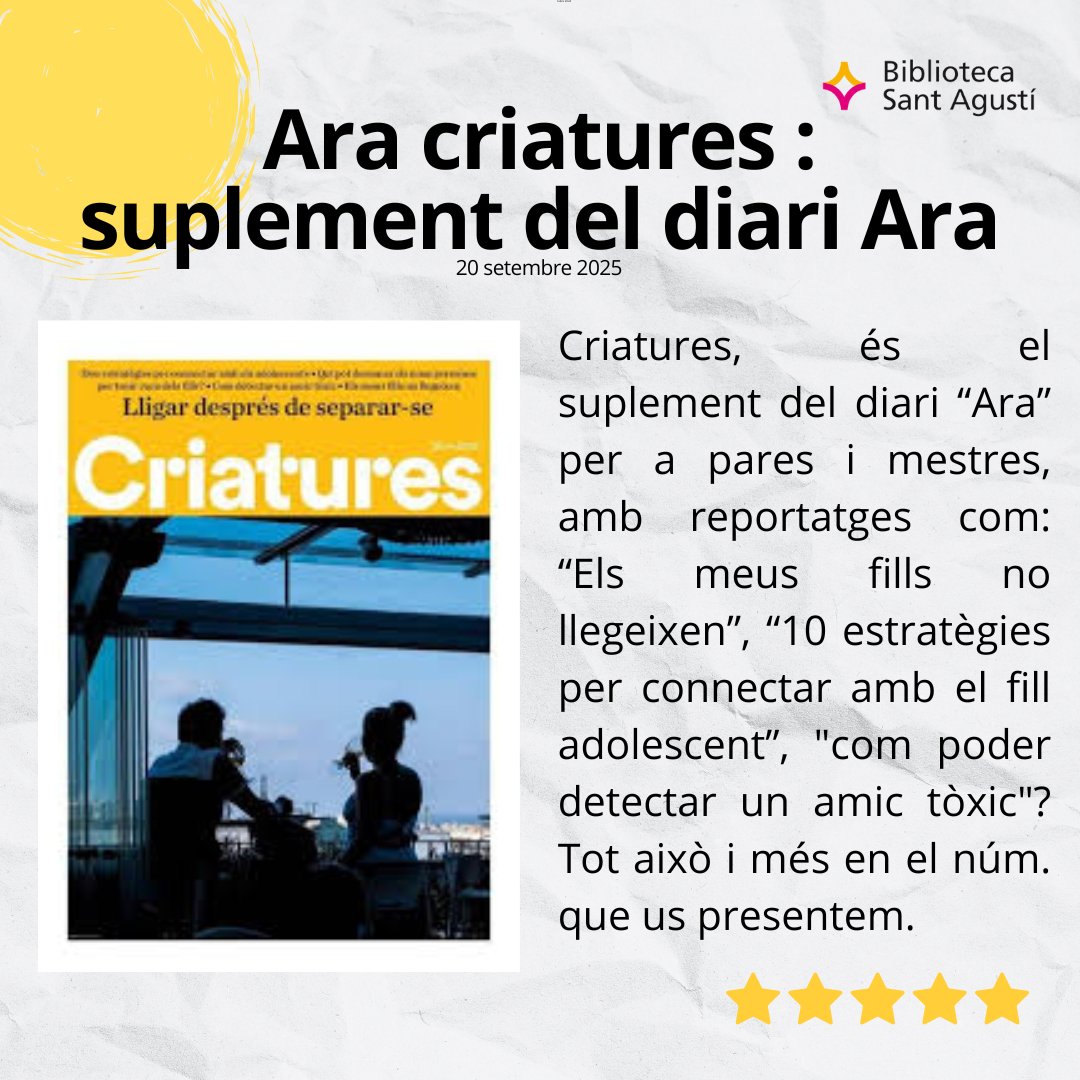 #recomanaciódeldia "Ara criatures, suplement del diari Ara" #biblioteca #lecturarecomanada #revista 
#quèfemalesbiblios <a href="/ajlaseu/">Ajuntament de la Seu d'Urgell</a> #culturalaseu <a href="/bibliotequeslle/">Biblioteques Lleida</a>  <a href="/bibliotequescat/">Biblioteques</a>
