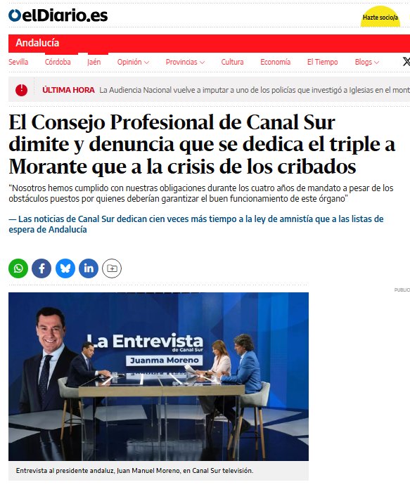La crisis en la televisión pública andaluza es brutal por culpa de Moreno Bonilla.

Dimisión del Consejo Profesional por la bochornosa cobertura informativa.

Todo el apoyo. No podemos permitir que la Junta haga suya la televisión de todos y todas.