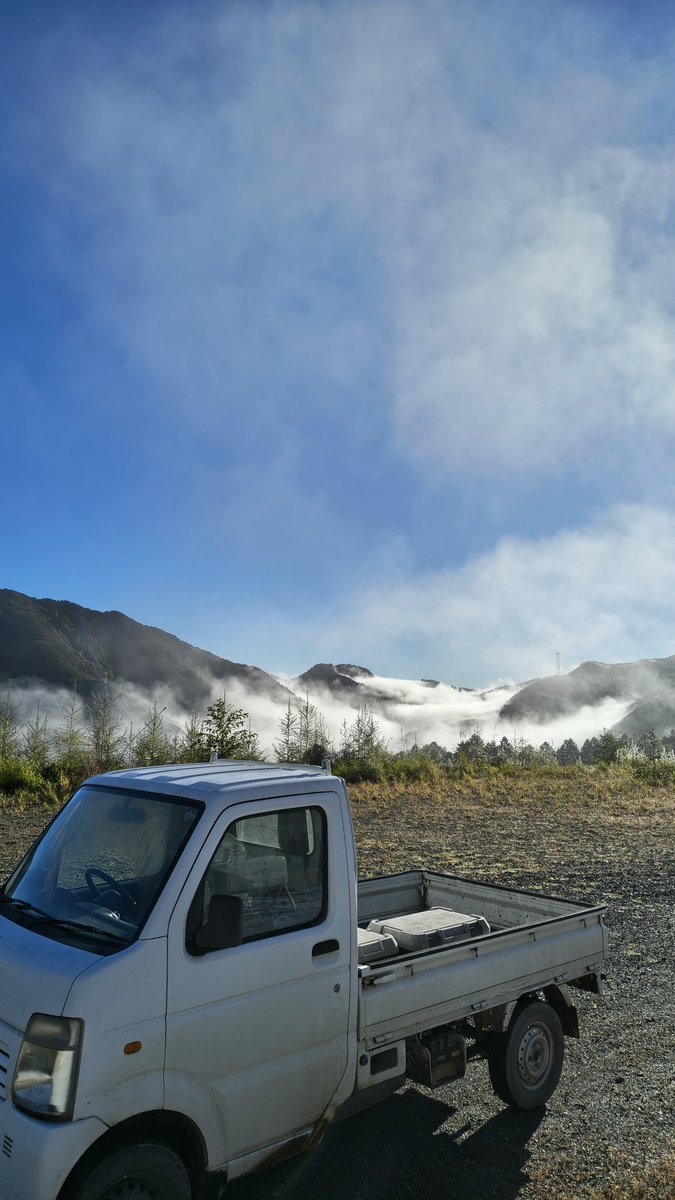 今朝　大空夏いちご農園から見えた景色
雲がすぐそこにありました
(標高1350m)