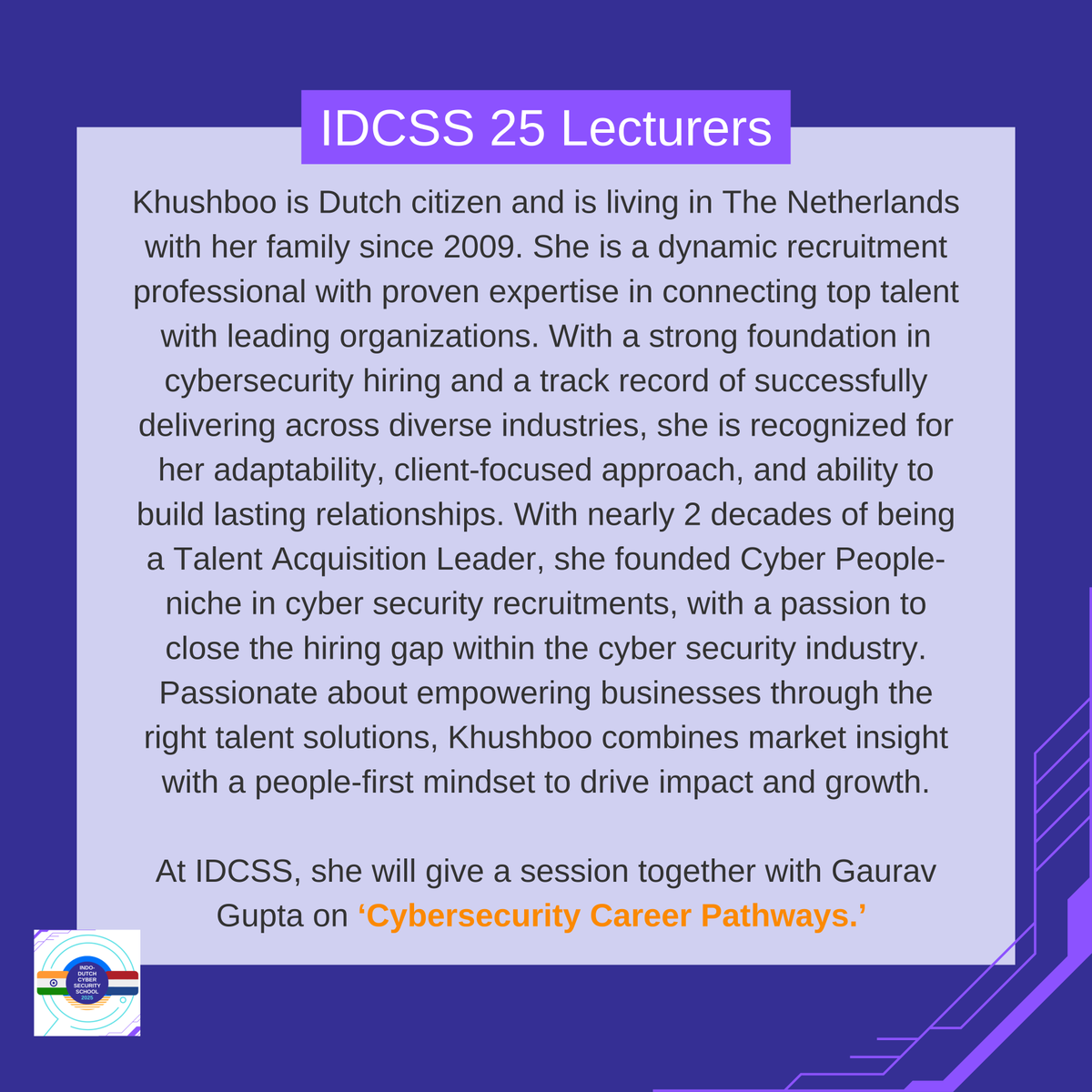 IDCSS25's tweet image. A new day of IDCSS25 lectures are scheduled for today!
The 1st lecture is &apos;Cybersecurity Career Pathways&apos; by Khushboo Sehgal (Cyber People) &amp;amp; Gaurav Gupta (BlockVerse Institute).
They have a great opportunity for IDCSS participants, so make sure you don&apos;t miss this lecture!