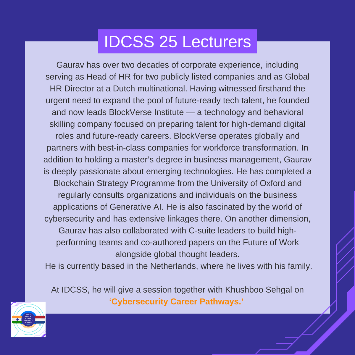 IDCSS25's tweet image. A new day of IDCSS25 lectures are scheduled for today!
The 1st lecture is &apos;Cybersecurity Career Pathways&apos; by Khushboo Sehgal (Cyber People) &amp;amp; Gaurav Gupta (BlockVerse Institute).
They have a great opportunity for IDCSS participants, so make sure you don&apos;t miss this lecture!