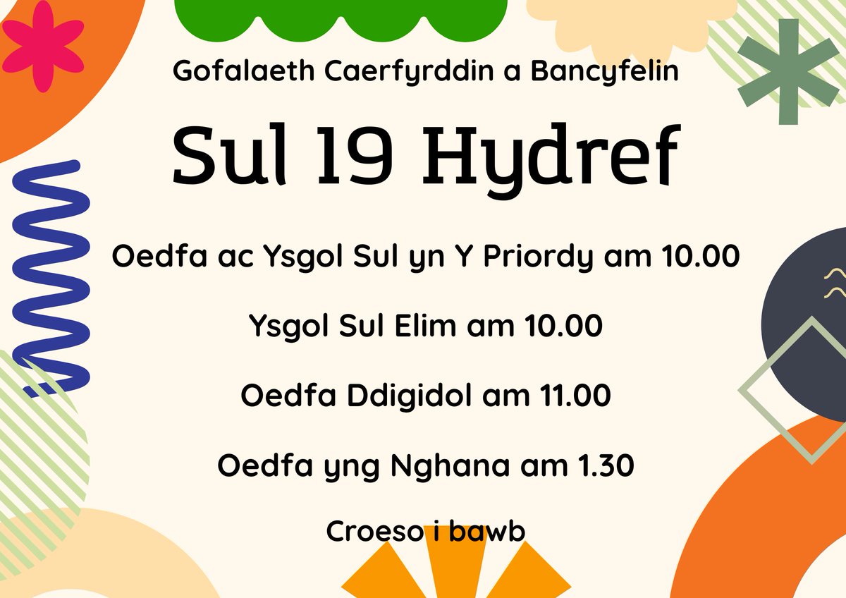 Sul 19 Hydref. Croeso i chi ymuno a ni i addoli