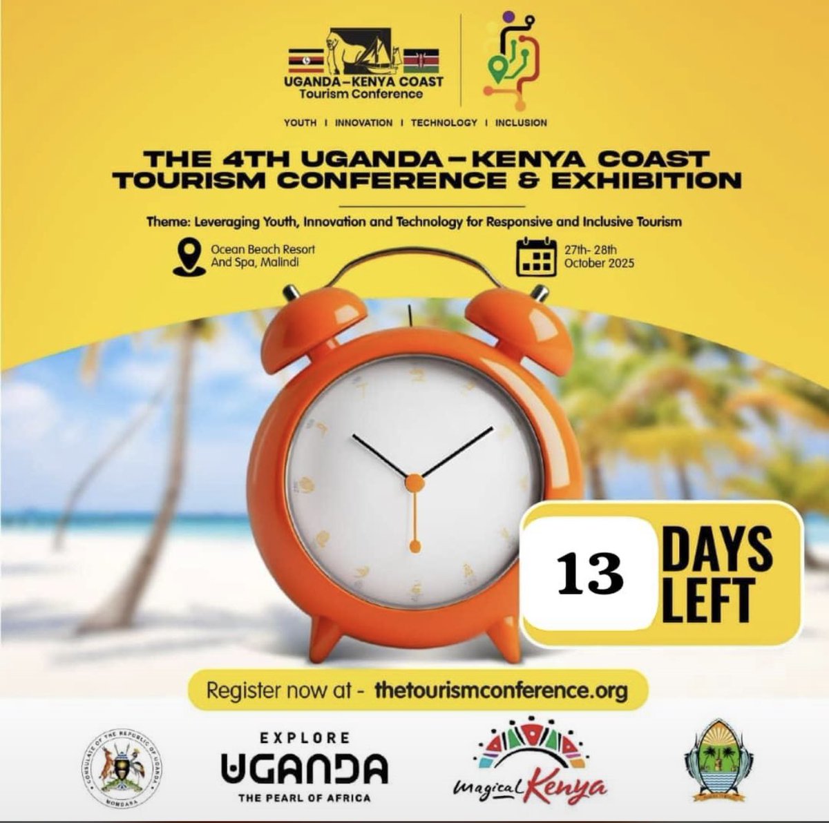 Just 13 days to go The 4th Uganda–Kenya Coast Tourism Conference &amp; Exhibition is almost here where youth, innovation, and technology meet to shape the future of tourism.

#UGKECoastTourism2025