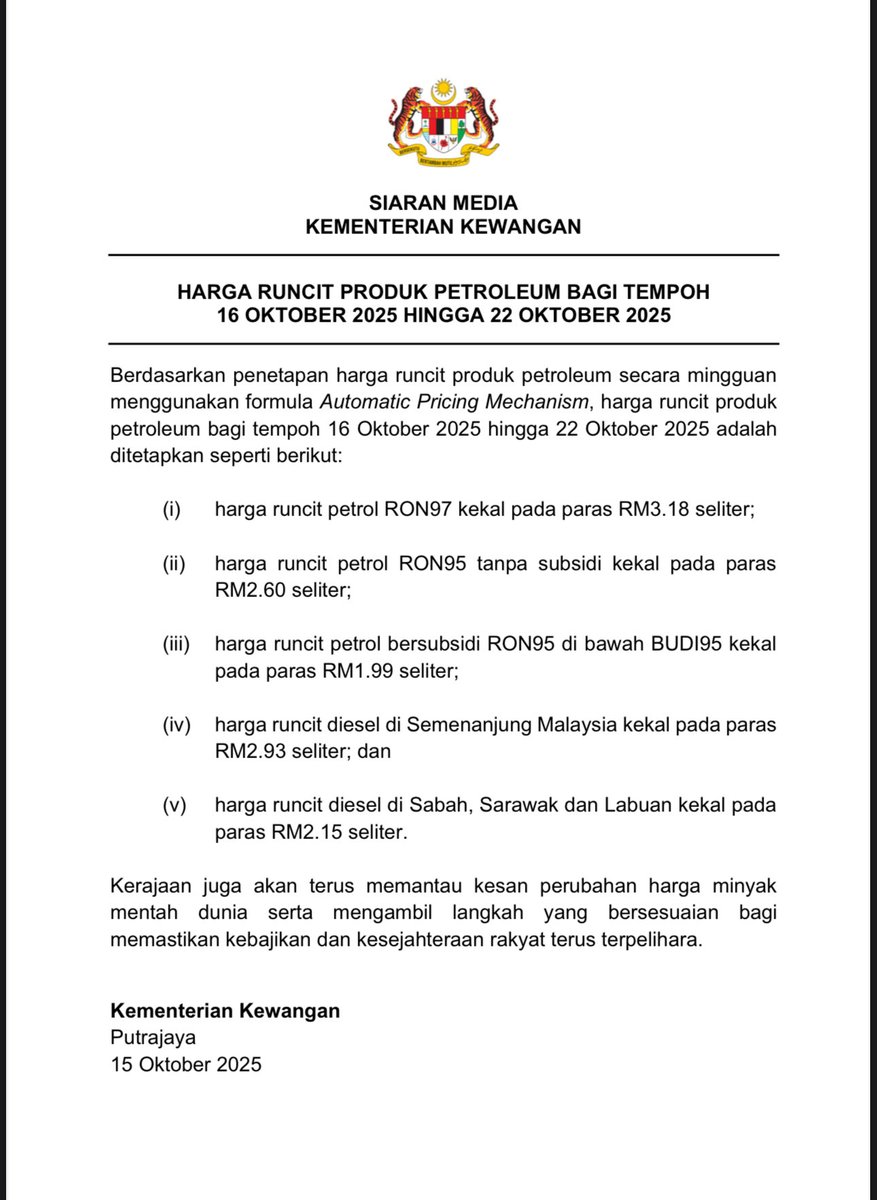 Siaran Media Berkenaan Harga Runcit Produk Petroleum Bagi Tempoh 16 Oktober 2025 Hingga 22 Oktober 2025
