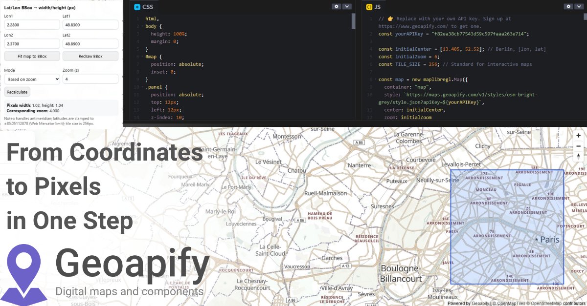 geoapify's tweet image. Custom charts, infoboxes, or DOM elements on a map? 🖼️
Convert geographic bounds → pixel width & height using map zoom + viewport size formulas.
Live demo 👉 codepen.io/geoapify/pen/d…
#Geoapify #MapLibre #Geospatial #Mapping #DevTools #WebDev