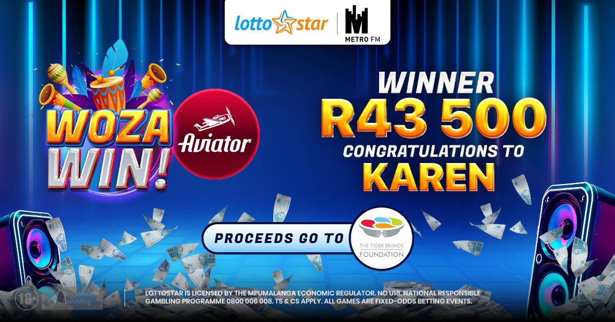 That win landed with no turbulence! ✈️ Shoutout to Karen for touching down with a massive R43,500 win on Aviator &amp; raising R41,000 for The Tiger Brands Foundation! 👏 Think you can take the captain’s seat and fly off with a share of R1 Million daily? Enter, register &amp; bet now!