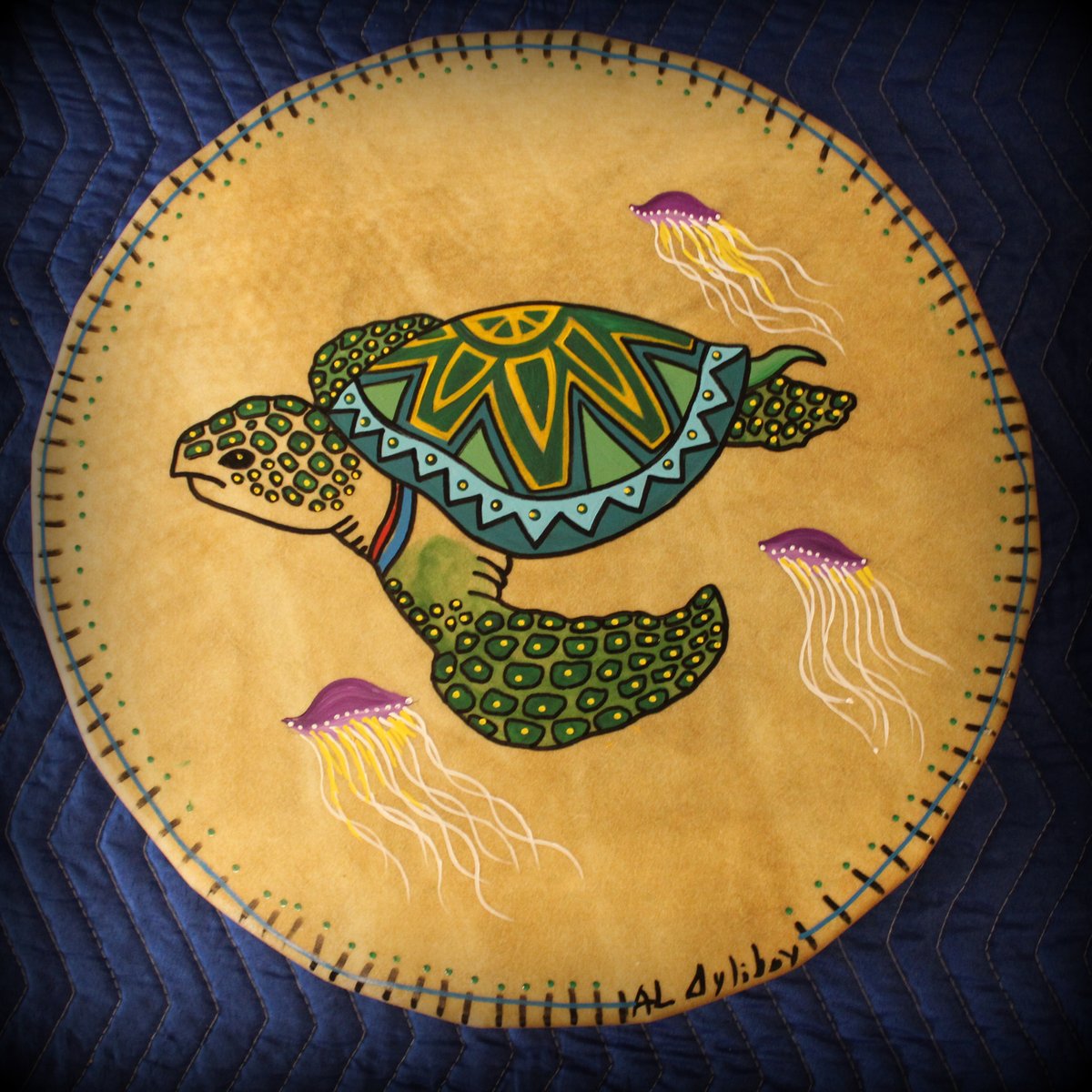 The Daily Drum
Today I am featuring a “Turtle Drum” with jellyfish floating around.
When the turtle spirit guide appears to you, it's time to slow down. It asks that you stay true to your path. Call on this spirit when it is time to reconnect with the creator.
Have a Great Day!