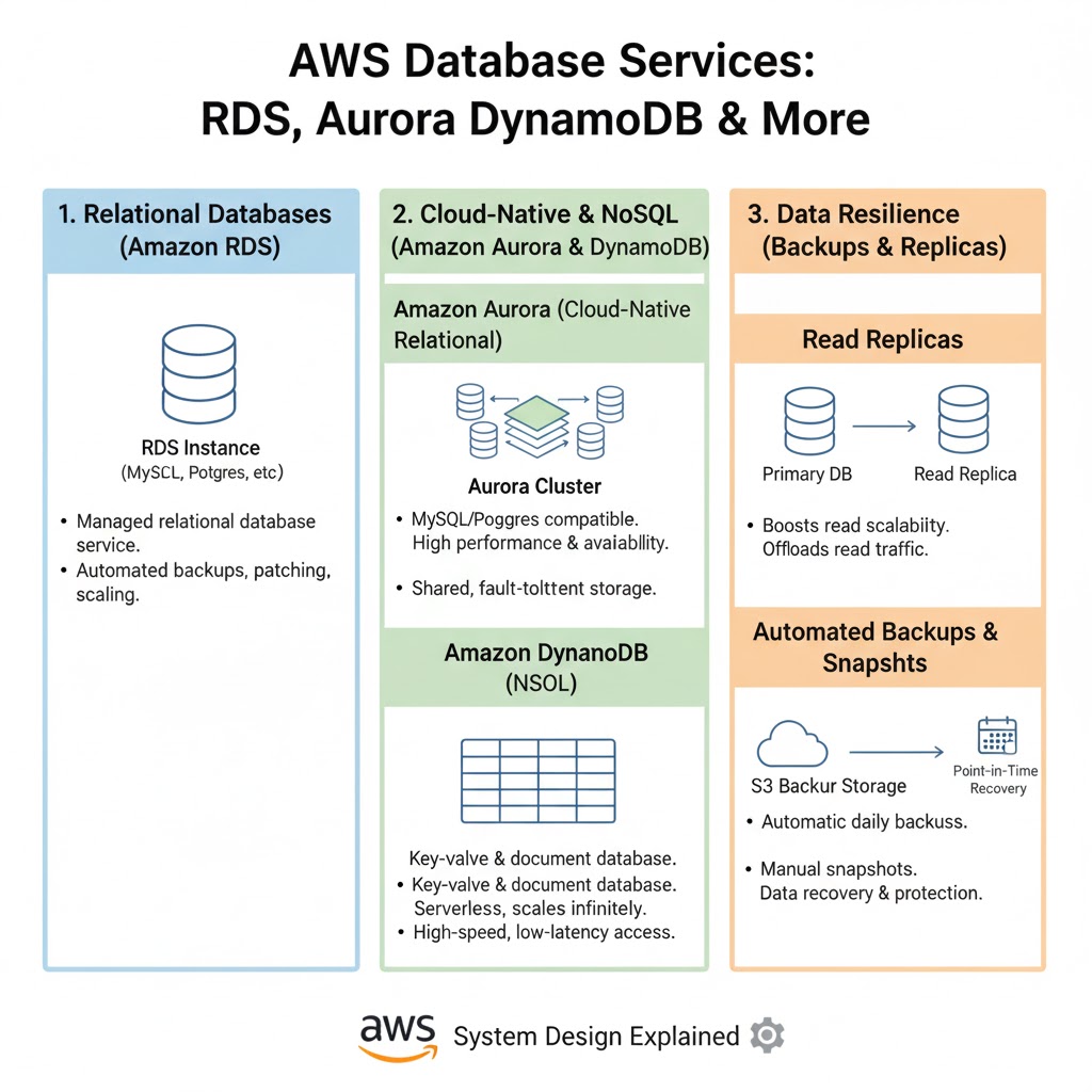 e_opore's tweet image. RDS &amp;amp; Database Services – Aurora, DynamoDB, Read Replicas, and Backups in AWS

Introduction

→ AWS provides a range of managed database services designed for performance, scalability, and automation.
→ These services reduce administrative tasks like patching, scaling, and…