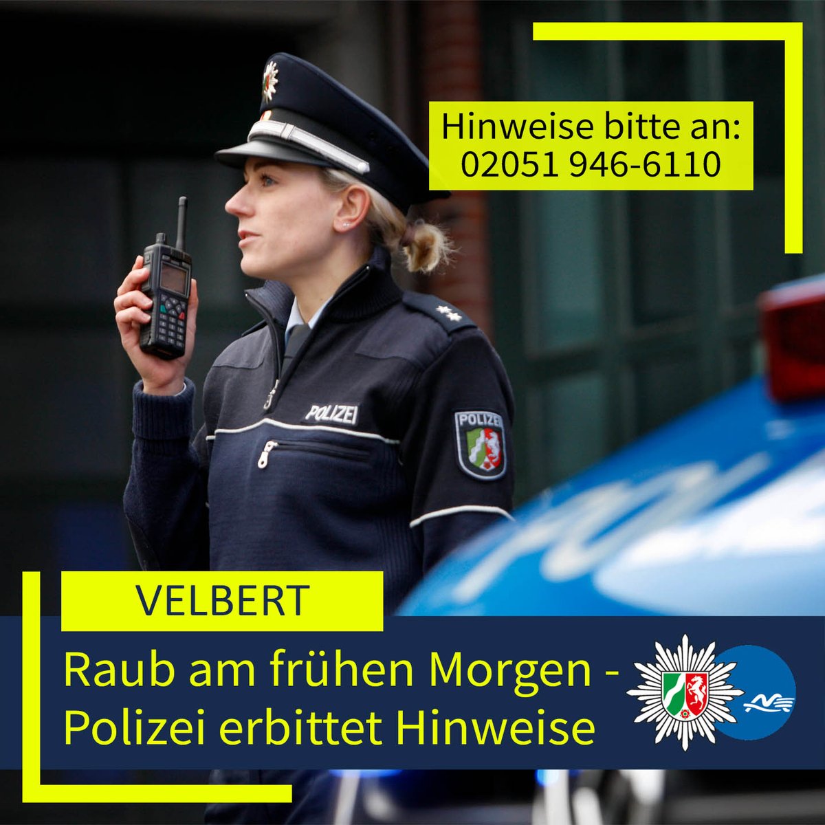 #Velbert: Raub am frühen Morgen - Polizei bittet um Hinweise ❗️

➡️ Am frühen Mittwochmorgen, 15. Oktober 2025, wurde in Velbert einer 57-jährigen Frau die Handtasche geraubt. Die Polizei ermittelt und bittet um Hinweise. Mehr hier: fcld.ly/5mles4t 
Ihre #PolizeiME 👮