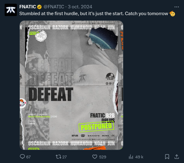 Eirettab's tweet photo. @FNATIC @lolesports #AlwaysFnatic but sometimes it's hard https://t.co/K9psJJpUNc