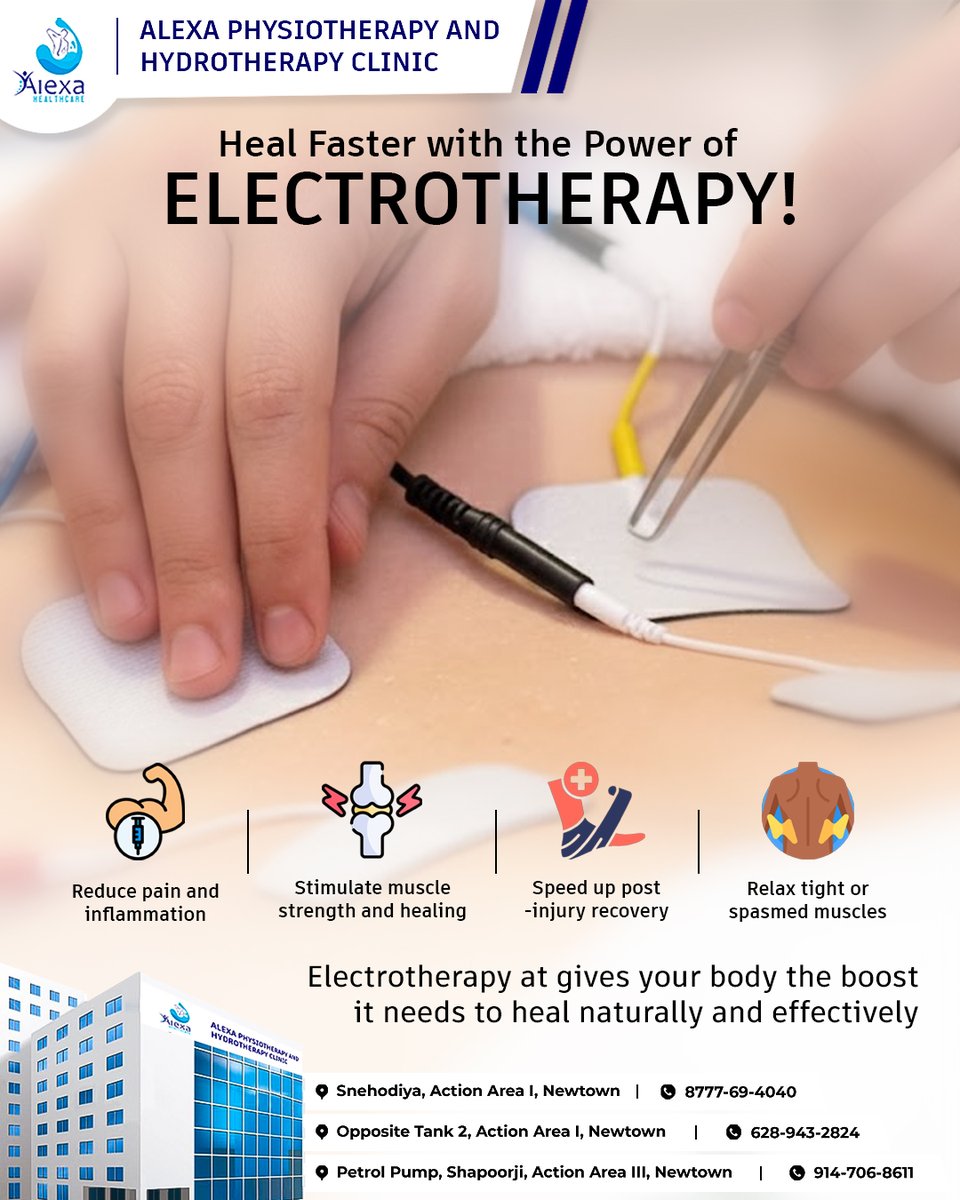 Power up your recovery! 
Electrotherapy helps reduce pain, relax muscles, and speed up healing — all through gentle electrical stimulation. 

📍 Locations:
* Snehodiya, AA I, Newtown
* Opposite Tank 2, AA I, Newtown
* Petrol Pump, Shapoorji, AA III, Newtown