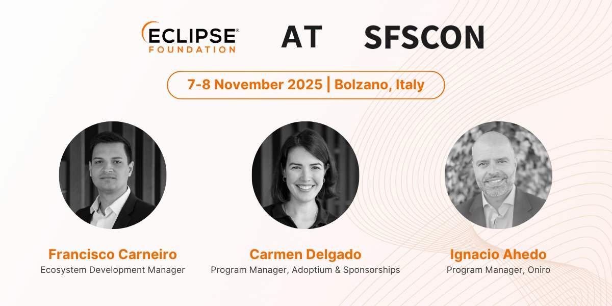EclipseFdn's tweet photo. 📅 Don't miss these @eclipsefdn sessions on 7 Nov at #SFSCON:

📍How #ORCWG helps industry meet the #CRA - Francisco Carneiro
📍Free of charge != cost-free - @cldelgadop @adoptium
📍How @Oniro_Project builds seamless global smart ecosystems - @iahedoa

https://t.co/YB6cdFZ0Yj https://t.co/9e60kbWPiM