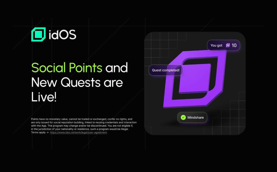 Big news from <a href="/idOS_network/">idOS</a> 

Just two weeks after launch, over 62,000 real humans have already created their idOS Profiles and the momentum isn’t slowing down

introducing Social Points and new quests inside the idOS App. Both are considered for Epoch 1, which will end on