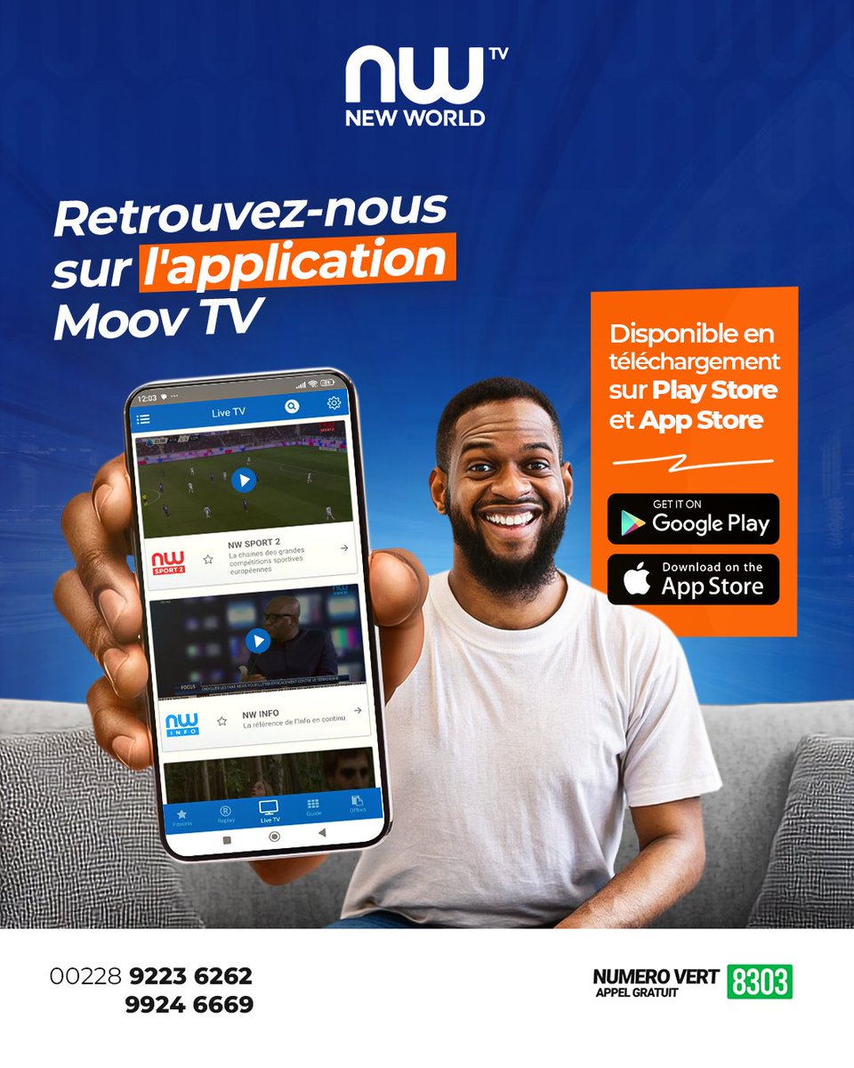 Newworldtv's tweet photo. Vous êtes au #Togo ? Retrouvez-nous également sur l'application #MoovTV !
- Téléchargez l'application MOOV TV sur Play Store
- Inscrivez vous avec votre numéro MOOV AFRICA TOGO
- Souscrivez au pass qui vous convient et régalez vous !
#BouquetNewWorldTV #Applicationmobile https://t.co/V0ShfPUikU