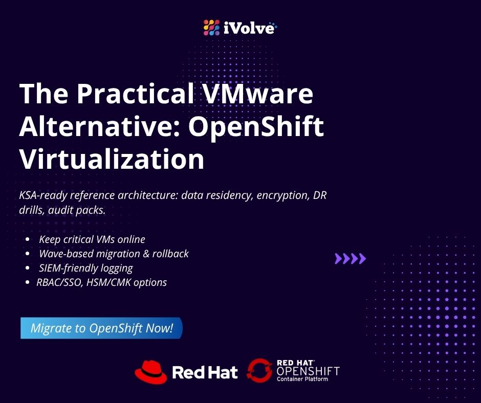 iVolvetech's tweet image. Rethink your VMware strategy.

OpenShift Virtualization offers data residency, encryption, DR drills, and full PDPL • NCA ECC • SAMA readiness — all in one platform.

Migrate safely with iVolve.

#VMwareToOpenShift #OpenShiftVirtualization