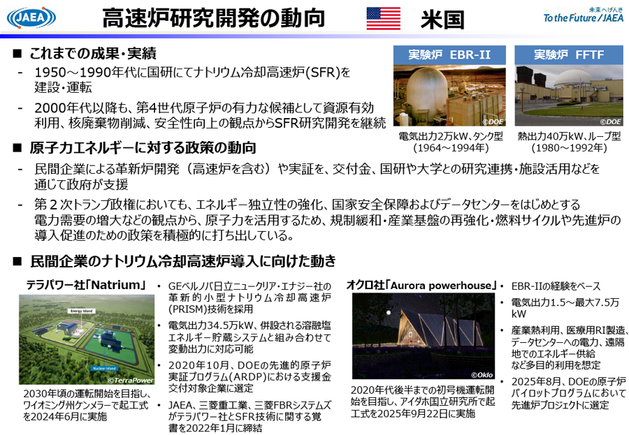 世界の #高速炉 ②米国

米国は世界最大の原子力発電利用国です。
高速炉実験炉の建設・運転経験を有し、近年では民間企業による革新炉開発を積極的に支援しています。
本年5月には、許認可の迅速化や燃料リサイクルの検討など、原子力推進施策に関する大統領令が出されました。
#大洗原子力工学研究所