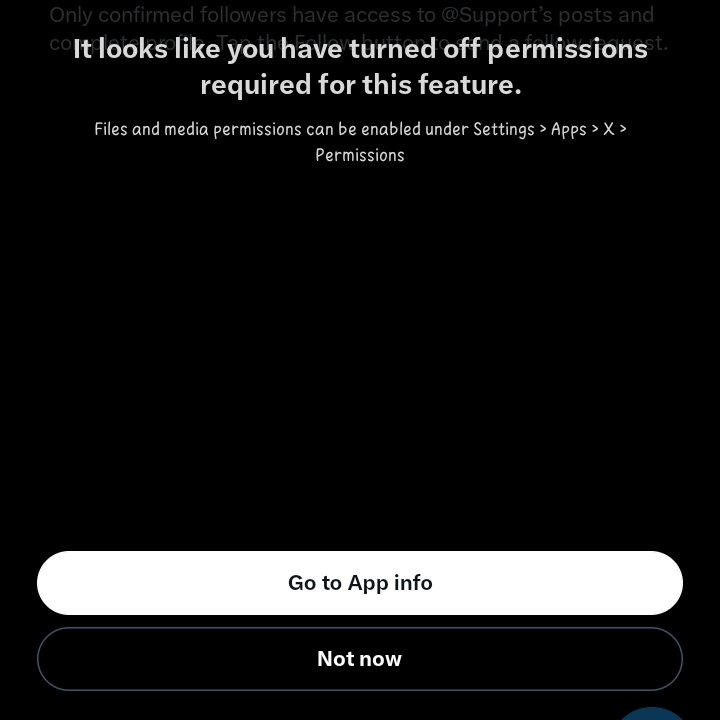 theerealtao's tweet image. Greetings X Support, (@Support)

I&apos;m unable to attach images in the X app due to a missing &quot;Files and media&quot; permission in Android settings. App version 11.28.0, [Infinix Smart 7 Plus], Android 13.

Many users reporting this since Oct 9. Please fix! #XBug