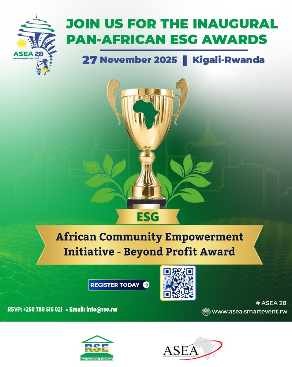 🤝🌍 Celebrating Community Impact Beyond Profit! 

The Pan-Africa ESG Awards (27 November 2025, Kigali) will honor the African Community Empowerment – Beyond Profit Award, recognizing organizations uplifting lives through education, health &amp; entrepreneurship.

✨ Investing in