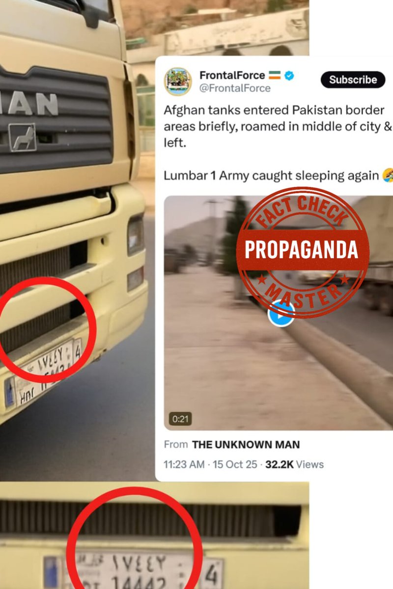 fcheckmaster's tweet image. Fact Check:
The Indian claim that Afghan tanks entered Pakistan’s border areas and roamed inside Pakistani cities is false and misleading.

The footage is from inside Afghanistan, not Pakistan. Vehicles in the video are driving on the right side of the road, unlike Pakistan where…