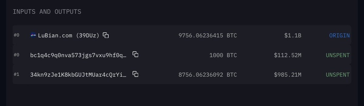🚨 Alerta onchain:
El pool de minería Lubian acaba de mover 9.756 BTC (1.1 B$) hacia 2 wallets de nueva creación.
 
Por ahora no hay indicios claros de si se trata de un movimiento interno, depósito en CEX o venta OTC.
 
🤔¿Tendrá algo que ver con el histórico hack?
 
Seguimos