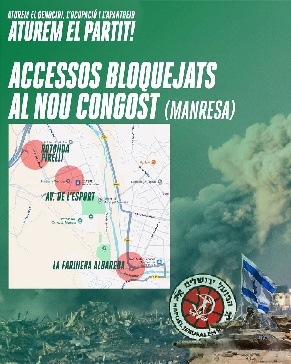 Aquestes son les 3 columnes que hi ha bloquejant accessos al Congost, s'ha fet una crida a la gent a sumar-s'hi.
Manresa en lluita contra el genocidi!
El Hapoel no pot trepitjar el parquet del Congost! 
#AturemElPartit 
#VagaGeneralPalestina