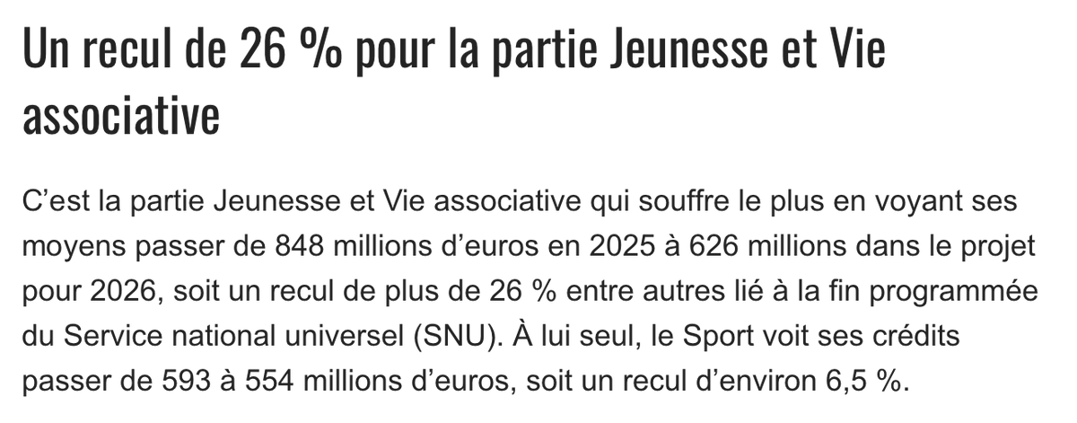 Quelques jours après la mobilisation du <a href="/lemouvementasso/">Le Mouvement associatif</a>, Lecornu prévoit une nouvelle baisse de 26 % pour le budget Jeunesse et Vie associative, et 6,5 % dans le Sport.

C'est mettre en péril de nombreuses associations, clubs et fédérations essentiels sur nos territoires !