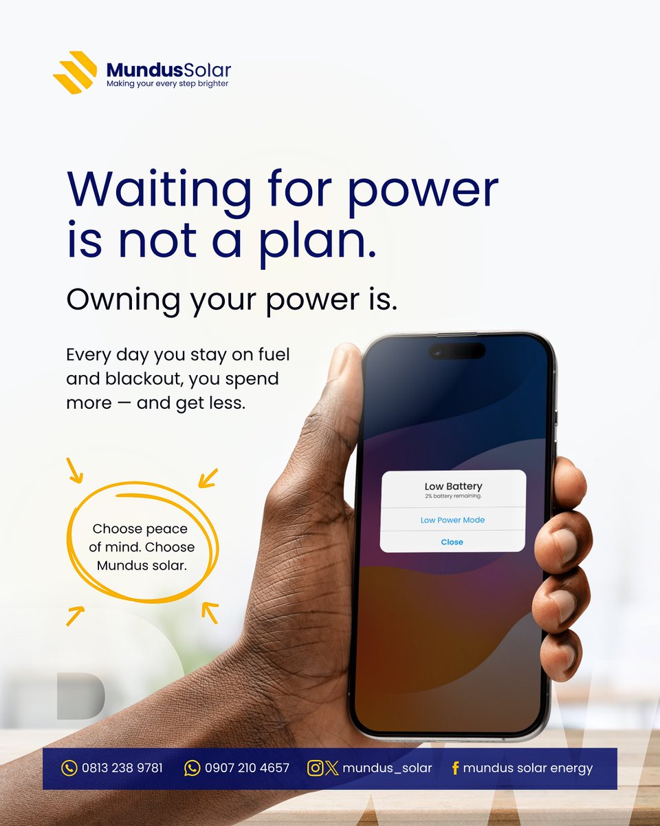 mundus_solar's tweet image. Every blackout costs you more than you think.
With Mundus Solar, you don’t wait for power — you own it.
Make the switch today.
#SolarMadeSimple #MundusSolar #EnergyFreedom