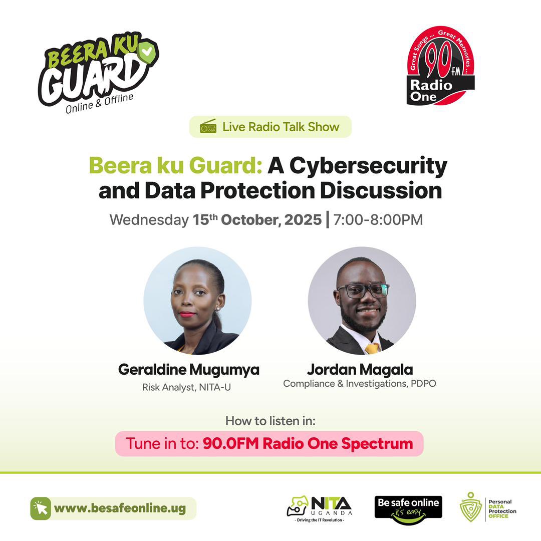 pdpoUG's tweet image. Join the conversation!
Tune in to @RadioOneFM90 today at 7:00pm for an insightful talk show on cybersecurity and Data Protection.

Don’t miss!!
#BeeraKuGuard #PersonalDataisPrivate