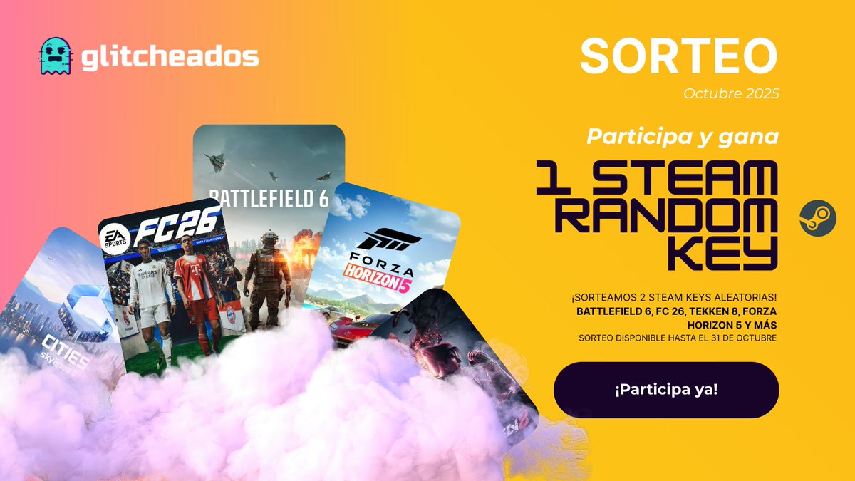 bytecoranet's tweet photo. 🎮 ¡SORTEO GAMER!

Gana una de las 2 Steam Keys aleatorias con juegos como: Battlefield 6, EA Sports FC 26, Tekken 8, Forza Horizon 5...

Para participar:
1. Síguenos @glitcheados_com 
2. Repostea este tweet 

Tienes hasta el 31 de octubre
#Sorteo #Gaming #Steam https://t.co/aFKSBswZtA