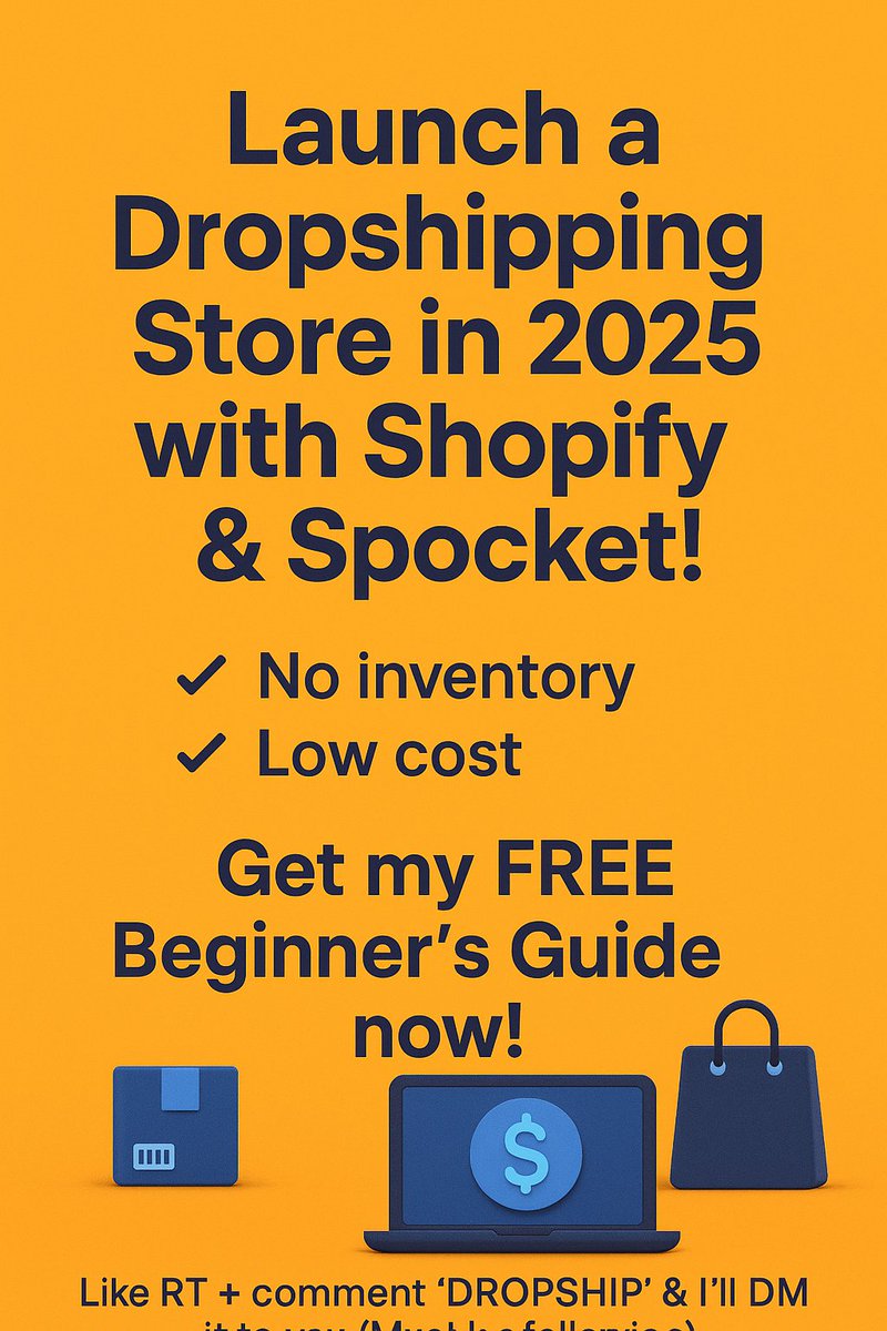 Launch a dropshipping store in 2025 with Shopify &amp; Spocket!

-No inventory
-Low cost

Get my FREE Beginner’s Guide now!

Like, RT + comment 'DROPSHIP'

&amp; I’ll DM it to you (Must be following) the Link