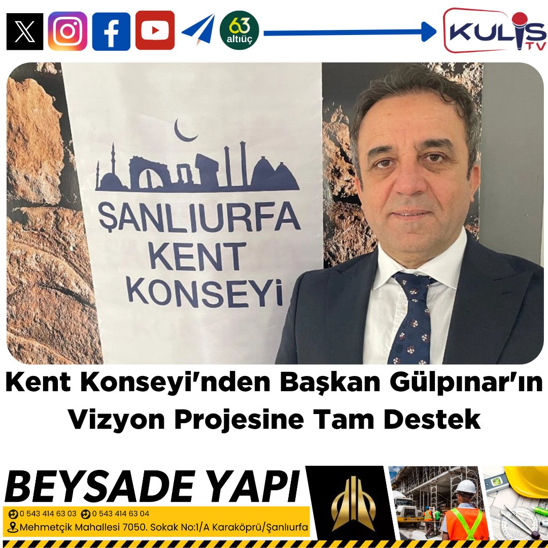 Kent Konseyi’nden Başkan Gülpınar’ın Vizyon Projesine Tam Destek

Şanlıurfa Büyükşehir Belediye Başkanı Mehmet Kasım Gülpınar’ın vizyon projelerinden biri olan Divanyolu Yayalaştırma Projesi, takdir topluyor.
<a href="/shartavioglu/">Süleyman Hartavioğlu</a>
 kulis.tv/kent-konseyi-n…