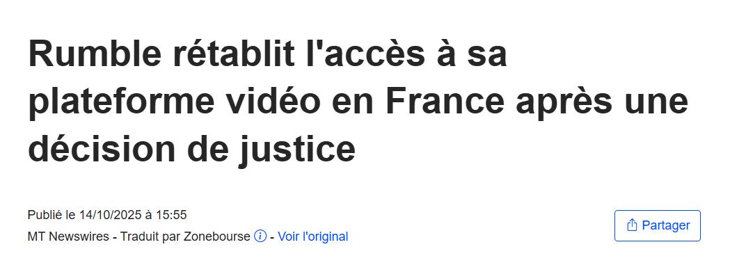 Rumble revient en France, suite à une décision de justice.
Les petits censeurs iront se faire enculer.
Youtube aura un vrai concurrent et se prendra moins pour le roi du monde.