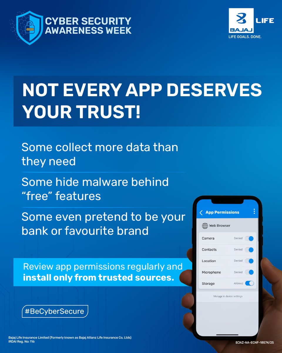 bajajlife_in's tweet photo. Not every app deserves access to your data.
Review app permissions regularly — camera, mic, and contact access aren’t always necessary.
#BeCyberSecure
Bajaj Life Insurance Limited
#CyberSecurityAwarenessWeek #AppSafety #DataProtection https://t.co/Vwqsz9XP61
