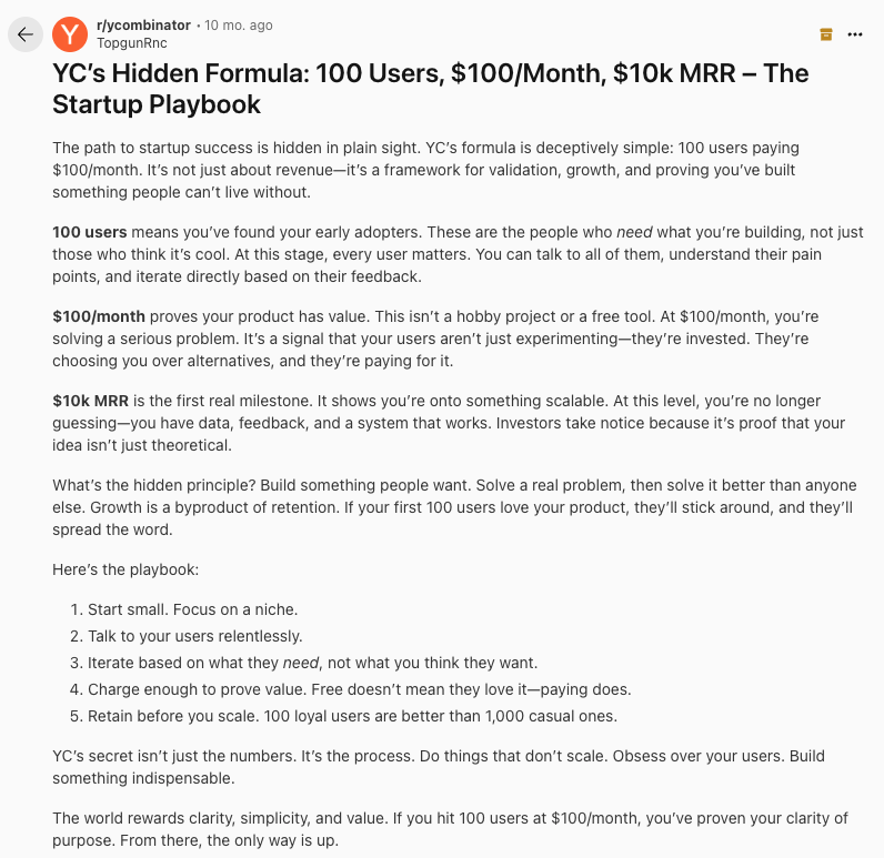 madhurahoval's tweet photo. The YC Formula: land 100 users at $100 a month → hit $10K MRR https://t.co/jkOHzvLF0V
