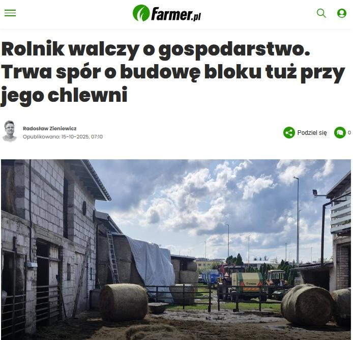 Budują bloki przy chlewni. Rolnik będzie musiał zamknąć gospodarstwo?

Rolnik z Łomży walczy o przetrwanie swojego gospodarstwa, które znalazło się w cieniu nowej inwestycji mieszkaniowej. Tuż przed jego siedliskiem ma stanąć sześciopiętrowy blok. To nie tylko kwestia estetyki