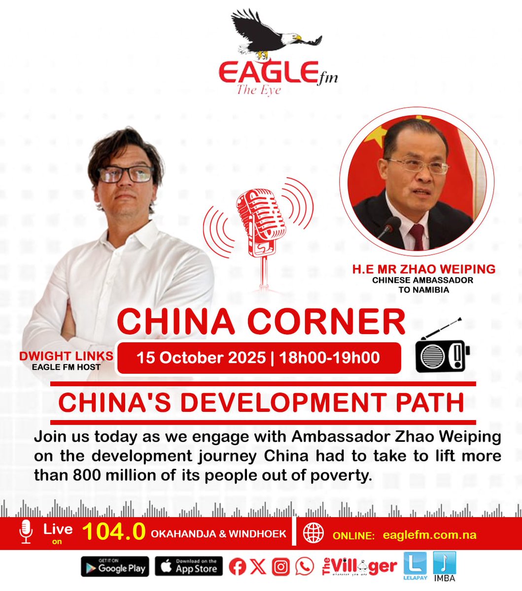 ChinaEmbNamibia's tweet image. Ambassador Zhao will join the China Corner program tonight to share China’s development experience with Namibian listeners. Tune in to Eagle FM for this special interview at 18h00!
