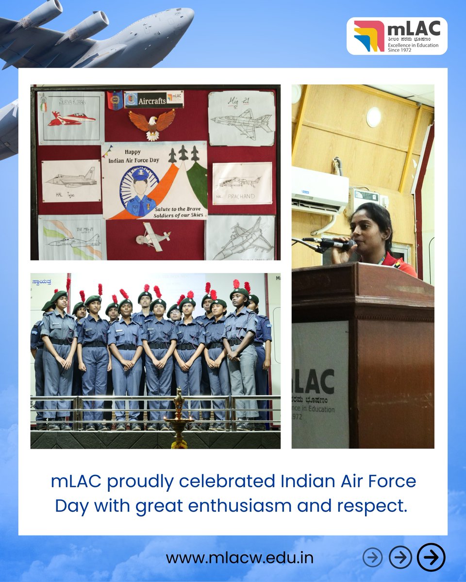mLAC1972's tweet image. Honouring the courage and dedication of our Air Warriors! ✈️
mLAC celebrated Indian Air Force Day with pride, enthusiasm, and gratitude. 💙

#IndianAirForceDay #AirForceDay #mLAC #PrideOfIndia #SaluteToHeroes #WomenInEducation #NCC #CourageAndCommitment