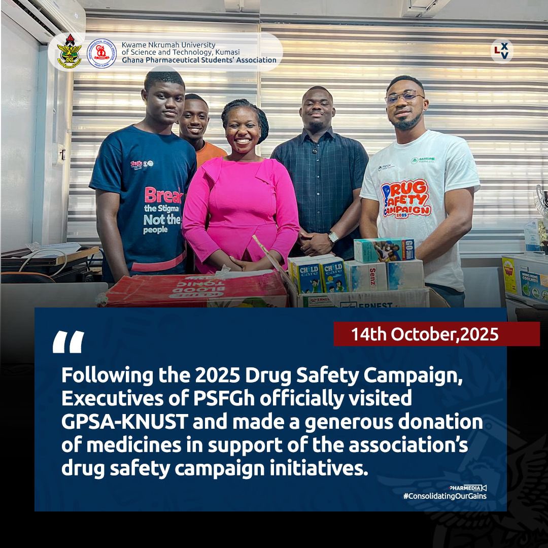 🔥On 14th  October 2025,PSFGh Executives_ visited _GPSA-KNUST_ and made a generous donation of medicines in support of our 2025 Drug Safety Campaign.🙏❤️

Together, we’re championing safe medication use, public health education and stronger healthcare delivery across Ghana 💙🙏