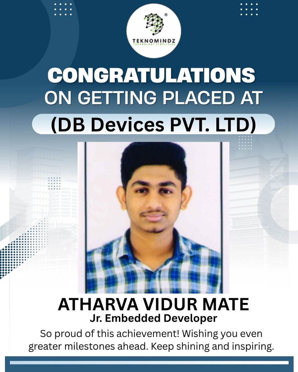 teknomindzadv_'s tweet image. Huge congratulations to Atharva Vidur Mate on his successful placement as a Jr. Embedded Developer at DB Devices PVT. LTD.! Your hard work and dedication have paid off. Keep shining and inspiring! #JobPlacement #CareerMilestone #EmbeddedDeveloper #DBDevices #Teknomindz