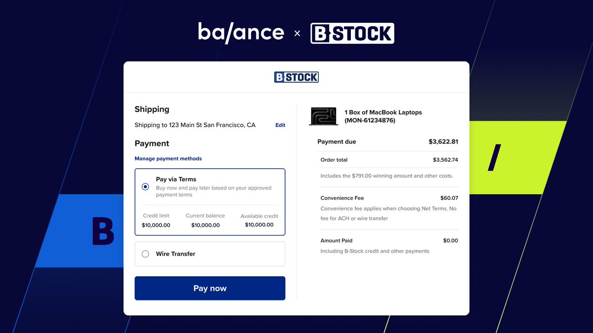 Balance (@getbalancehq) on Twitter photo 🎉Exciting news: Balance is now powering flexible payments and net terms for B-Stock, the global leader in B2B recommerce.
With Balance’s embedded financial infrastructure, B-Stock customers can now:
✅ Pay instantly or flexibly with automated Net Terms, powered by Balance’s 🎉Exciting news: Balance is now powering flexible payments and net terms for B-Stock, the global leader in B2B recommerce.
With Balance’s embedded financial infrastructure, B-Stock customers can now:
✅ Pay instantly or flexibly with automated Net Terms, powered by Balance’s