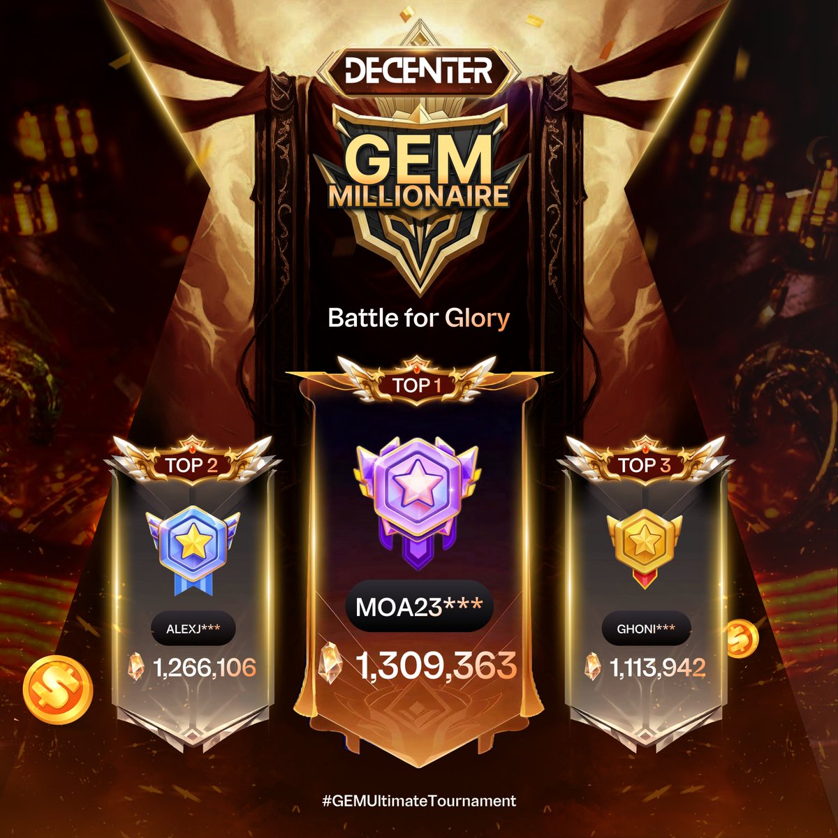 ⚔️ GEM MILLIONAIRE SHOWDOWN – THE RACE IS ON FIRE!

🔥 The leaderboard is blazing hot — positions are shifting every hour as contenders fight for the Millionaire crown!

💎 Current Top 3 GEM Millionaires:
🥇 MOA23*** – Leading with an impressive GEM streak!
🥈 ALEXJ*** – Closing