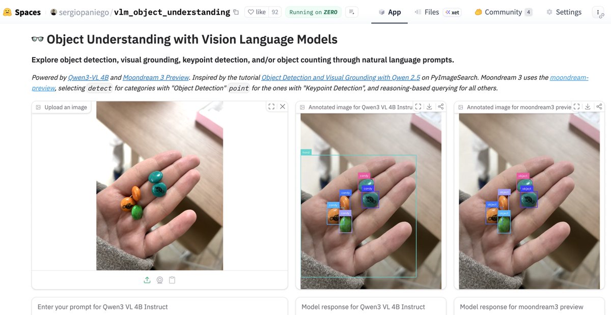SergioPaniego's tweet image. > Fine-tune Qwen3-VL-4B with SFT or GRPO (free Colab notebooks):
> SFT: colab.research.google.com/github/hugging…
> GRPO: colab.research.google.com/github/hugging…
> Compare object detection vs. Moondream3:
huggingface.co/spaces/sergiop…
> Fine-tune from the CLI using TRL:
github.com/kashif/Qwen3-V…