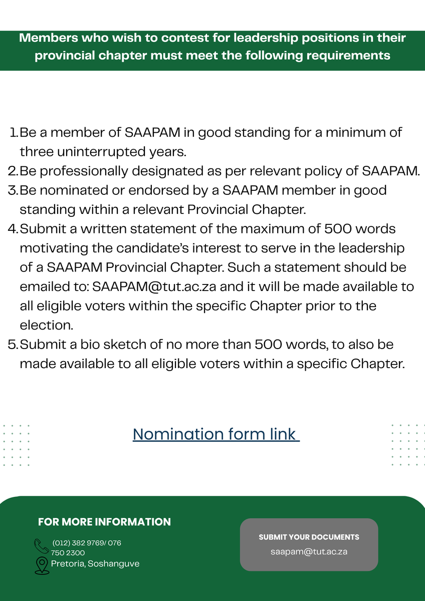 SAAPAMOFFICIAL's tweet photo. 🚨 SAAPAM Provincial Chapter Elections are coming! 🗳️ Shape the future of public admin in your province. 📩 Send docs to: SAAPAM@tut.ac.za 
🕒 Deadline: 20 Oct 2025 
🔗 Nominate: https://t.co/Ihnknv2N58

#SAAPAM #PowerinElection https://t.co/pRae44tyXh