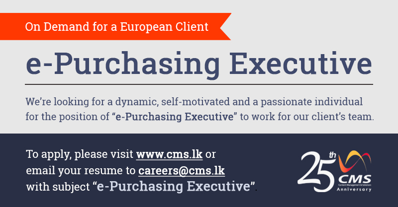 cms_lk's tweet photo. We’re looking for a dynamic, self-motivated and a passionate individual for the position of "e-Purchasing Executive" to work for our client’s team.
https://t.co/Od8JD9dHbf

#epurchasing #sales #procurement https://t.co/X9Bws9LPqs