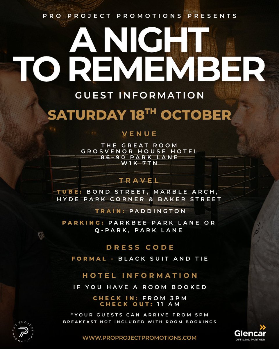 proprojectpro's tweet image. Here’s everything you need to know ahead of A Night to Remember 🥊

From timings and dress code to travel and hotel details, we’ve got you covered for an unforgettable evening of boxing, entertainment, and fundraising.

Thank you for all your support ❤️