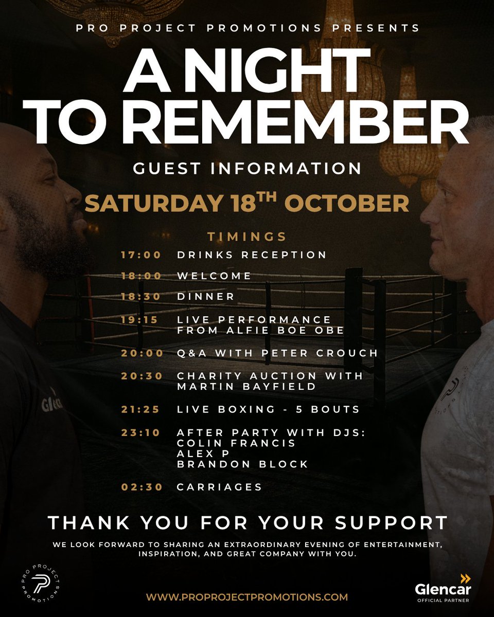 proprojectpro's tweet image. Here’s everything you need to know ahead of A Night to Remember 🥊

From timings and dress code to travel and hotel details, we’ve got you covered for an unforgettable evening of boxing, entertainment, and fundraising.

Thank you for all your support ❤️