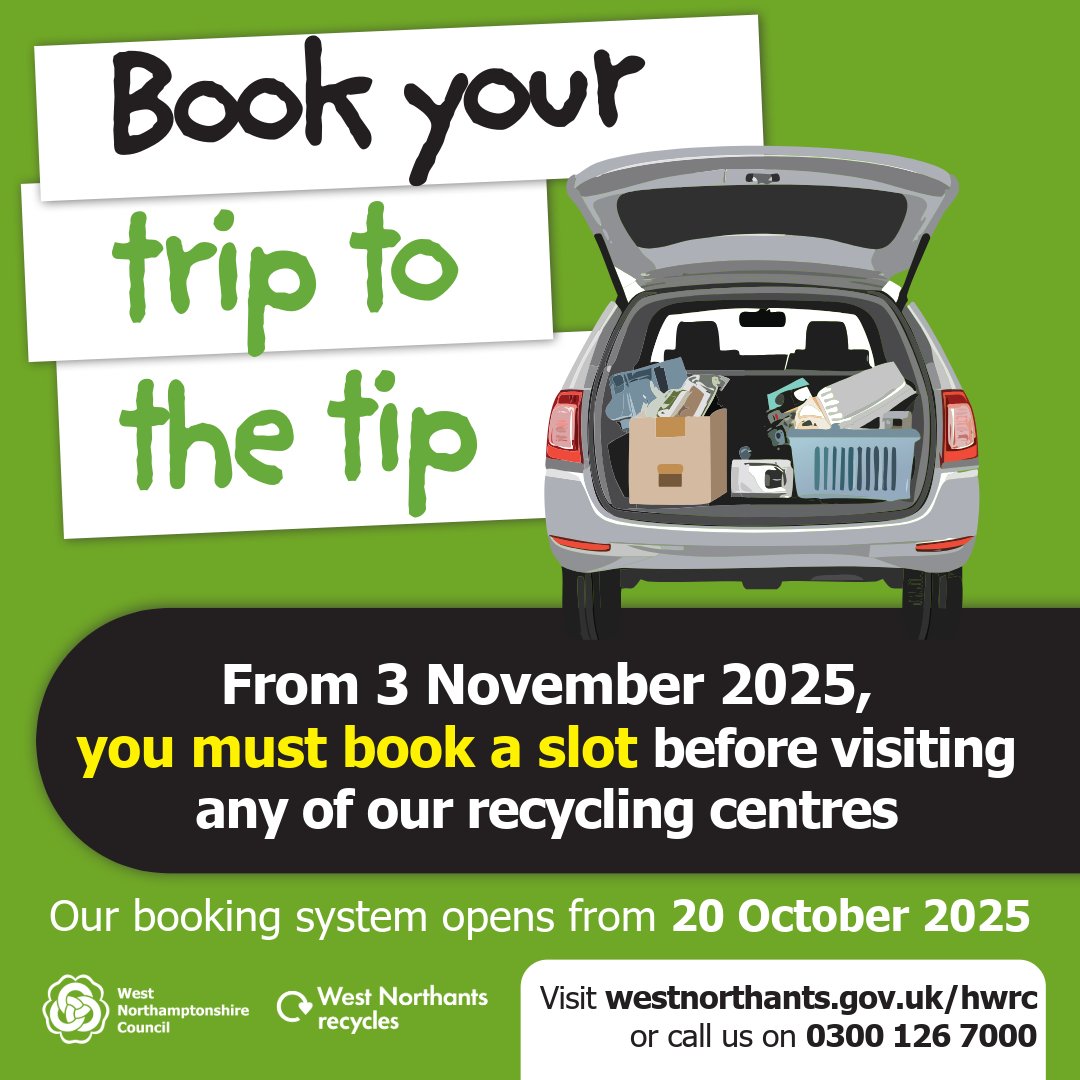 Starting 3 November, you'll need to book a slot to visit any of our Household Waste and Recycling Centres. 

The booking system goes live this coming Monday (20 October), allowing you to reserve a place online or over the phone. 

More at westnorthants.gov.uk/hwrc-booking-s…