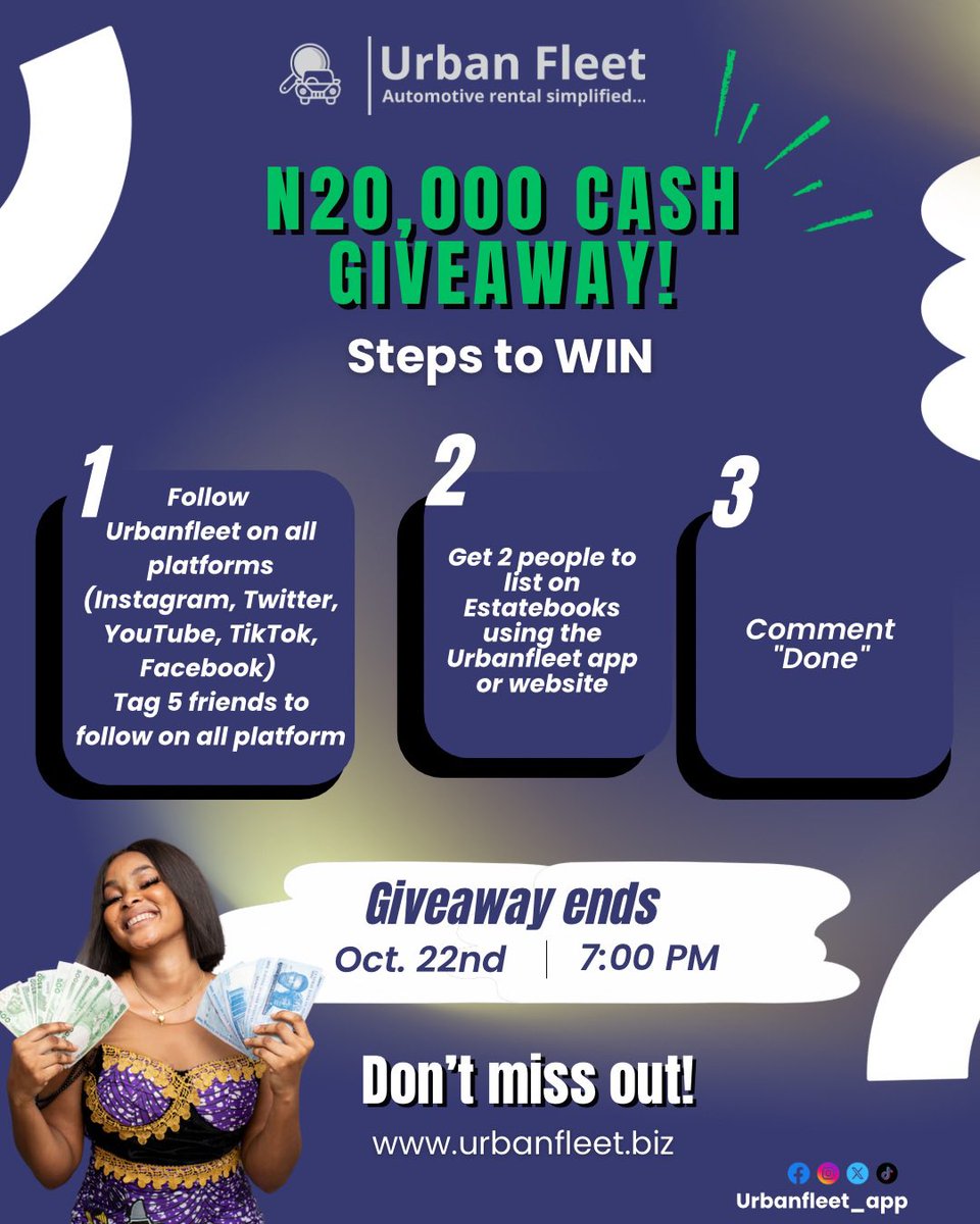 urbanfleet_app's tweet photo. Want to win ₦20,000 just by supporting your favorite car rental app?
Follow the simple steps, tag your friends, and you could be our lucky winner!
#UrbanFleet #CashGiveaway #GiveawayAlert #NaijaGiveaway #CarRentalNaija #WinBig #UrbanFleetApp #AutomotiveRental https://t.co/UyRSTYSvYA